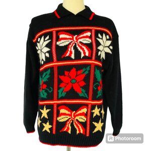Vtg Christmas Sweater Jumper Sz M Poinsettia Metallic The American Collection